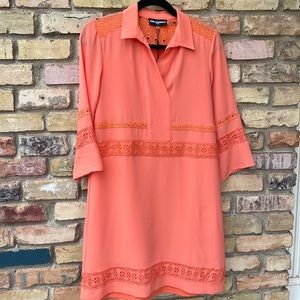 Karl Lagerfeld Eyelet-Lace Trim Tunic Shirtdress – Coral Orange – Size XS – NWT